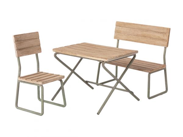 Mobilier de jardin miniature, table, chaise & banc - mini, taille : h : 9 cm - l : 8 cm - l : 12 cm